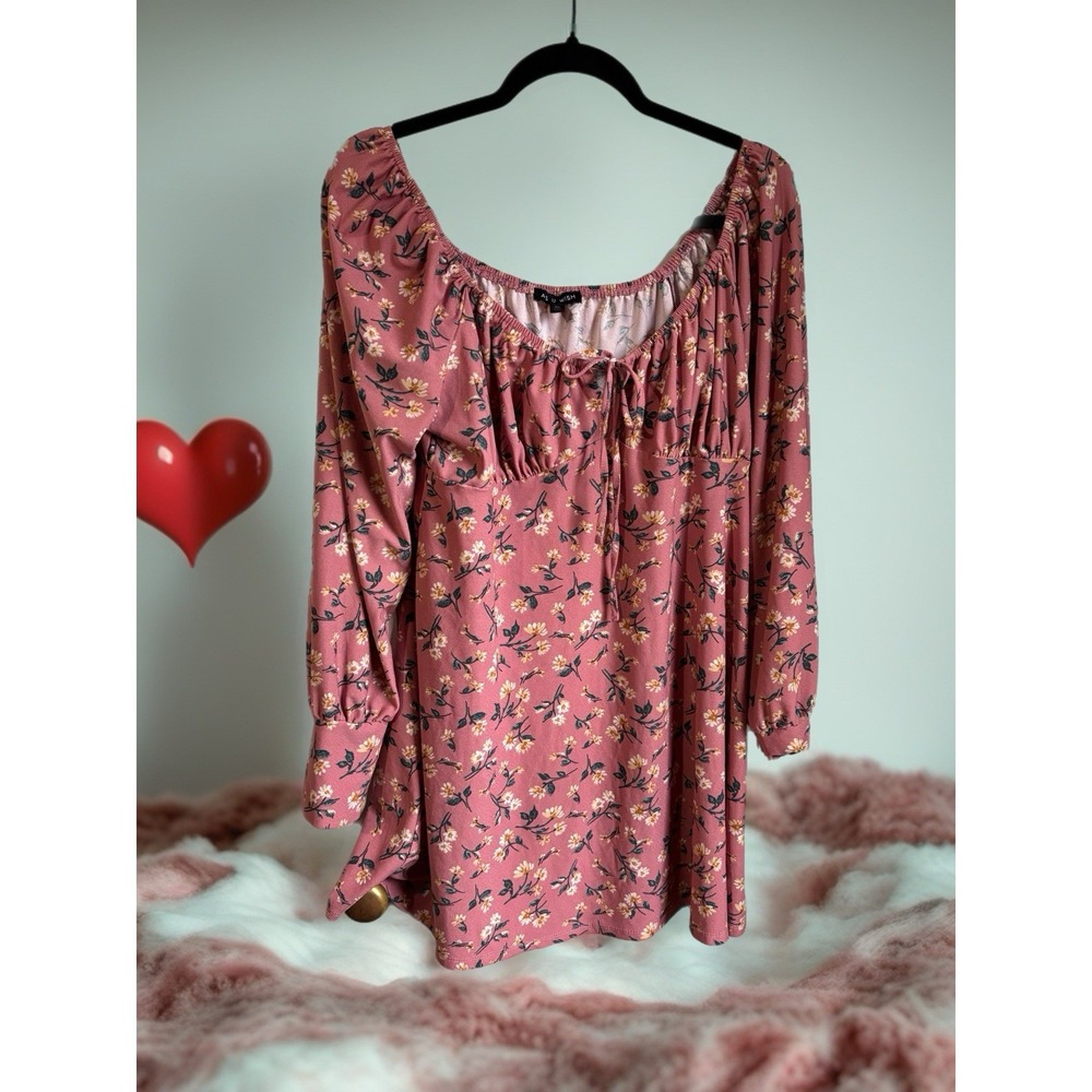 As U Wish Pink Boho Multicolor Floral Long Sleeve Square Neck Blouse‎